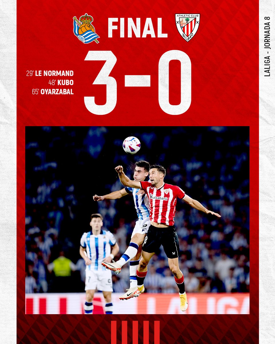 AthleticClub's tweet photo. 🔚 𝗙𝗜𝗡𝗔𝗟

El Athletic cae en el Reale Arena.

#RealSociedadAthletic #AthleticClub 🦁 https://t.co/zX5X7R1TEL