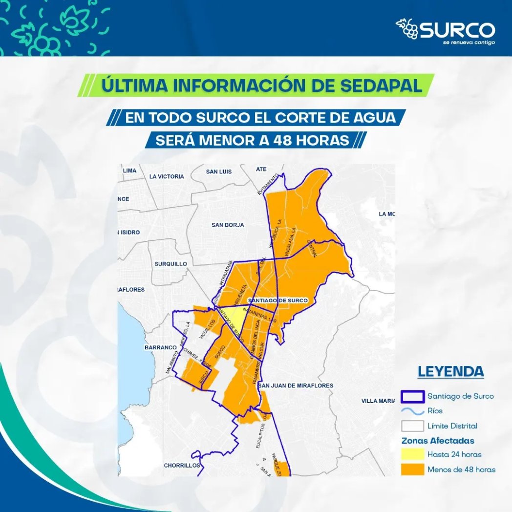 munisurco1's tweet image. 📣 ¡ÚLTIMA INFORMACIÓN DE SEDAPAL!
En todo Surco el corte de agua será menor a 48 horas. 🫡

#SurcoSeRenuevaContigo #Sedapal