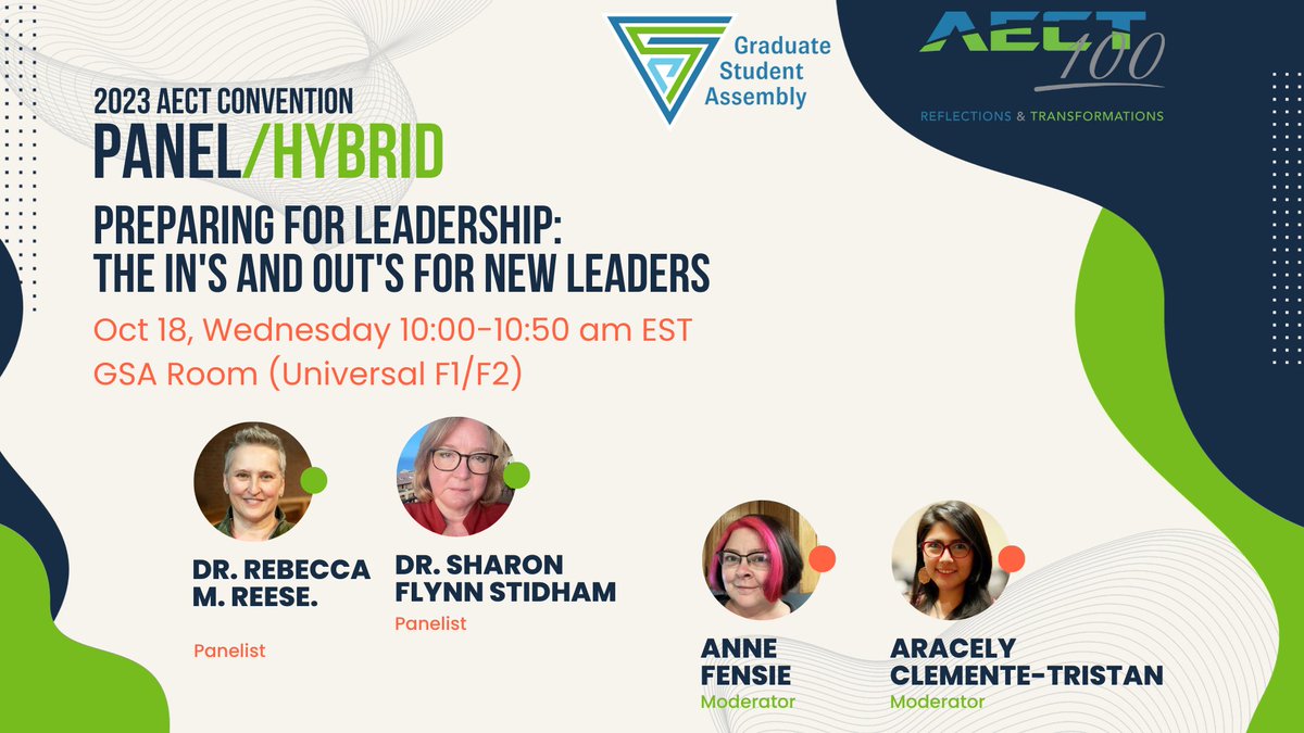 📢 Future leaders, join us on Oct 18 Wednesday, 10:00-10:50 am EST in the GSA Room (Universal F1/F2) for a transformative panel on Preparing for Leadership. Dive into proven models and master essential skills with our amazing panelists. #AECT2023 #aectgsa