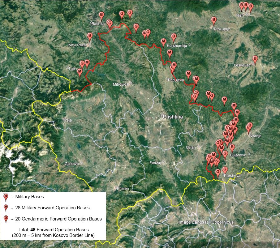 admirim's tweet photo. These are the locations of Serbia's 48 forward military and gendarmerie bases near the border with Kosovo mentioned in today's statement by 🇽🇰 authorities. https://t.co/rcoHmzRczp