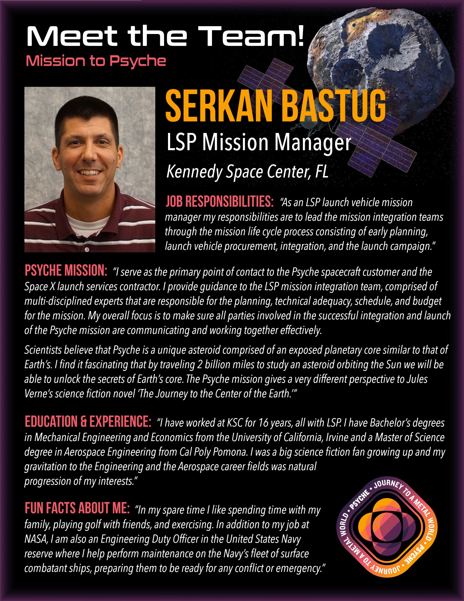NASA's Launch Services Program on X: "✨ Meet the #MissionToPsyche Team! ✨ Serkan Bastug - LSP Mission Manager https://t.co/JmJ8SW4VPk" / X