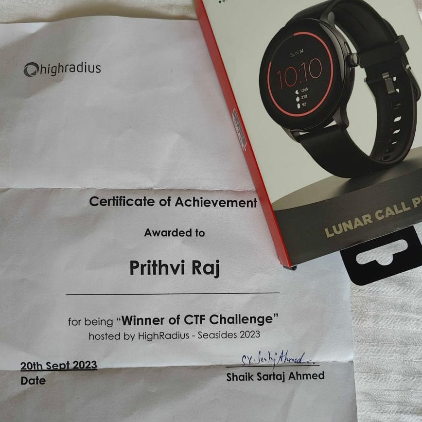🌊💻 Happy to share that I just conquered the digital waves at <a href="/seasides_conf/">Seasides</a> <a href="/HighRadius/">HighRadius</a> CTF! 🏆🚀 It wasn't just a competition; it was an adventure! Hats off to the organizers for crafting unforgettable challenges. #SeasidesCTF #CyberSecurity