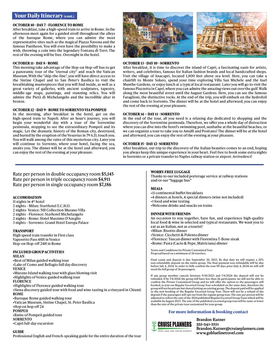 BlueLineTravel6's tweet photo. Join us on a 12-day, 11-Night Private Tour through Italy in October 2024. ONLY 4 SEATS REMAIN for this amazing privately curated adventure!

From Milan to Venice, from Florence and Rome to Naples and the charming Amalfi Coast, this is the perfect tour for those who love to... https://t.co/ebQVQE2Xf0