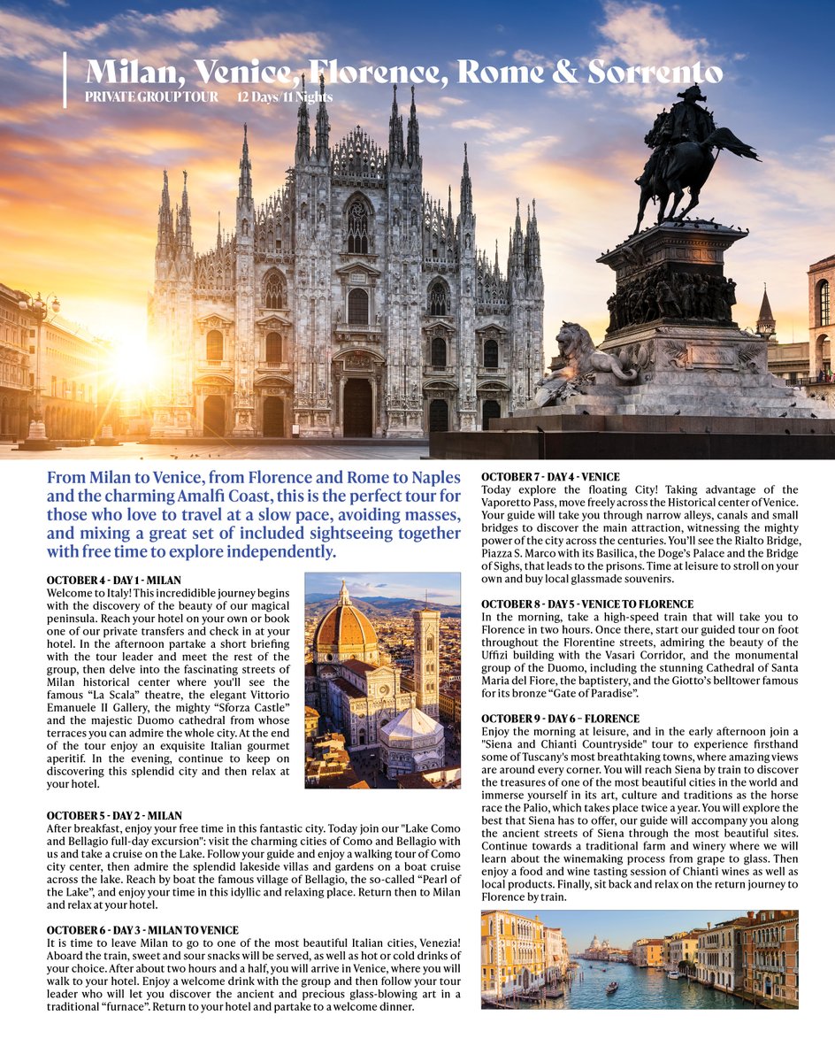BlueLineTravel6's tweet photo. Join us on a 12-day, 11-Night Private Tour through Italy in October 2024. ONLY 4 SEATS REMAIN for this amazing privately curated adventure!

From Milan to Venice, from Florence and Rome to Naples and the charming Amalfi Coast, this is the perfect tour for those who love to... https://t.co/ebQVQE2Xf0