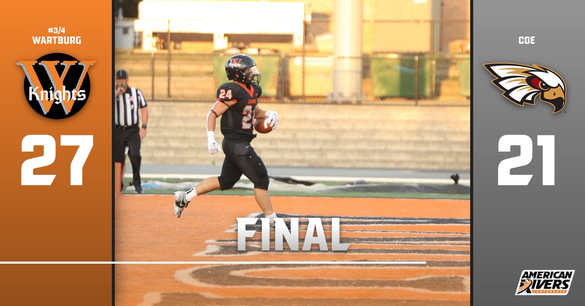 Knights win! 🔥

No. 3/4 Wartburg 27, Coe 21.

Hunter Clasen: 149 yards, 2 TDs
Nile McLaughlin: 20-39, 226 yards, 1 TD
Thomas Butters: 87 yards
Owen Grover:  14 tackles
Nate Link: 11 tackles

#d3fb