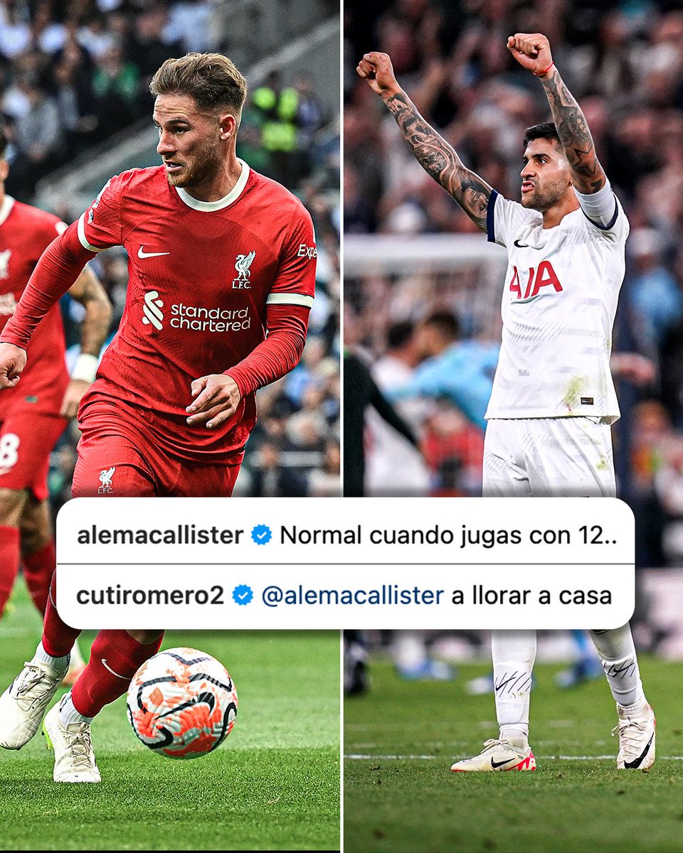 ESPNFC's tweet photo. Alexis Mac Allister: Normal when you play with 12

Cristian Romero: Cry at home

This interaction between Argentina teammates on Romero's victory post after Spurs beat Liverpool 😂 https://t.co/2SMRbBhrMN