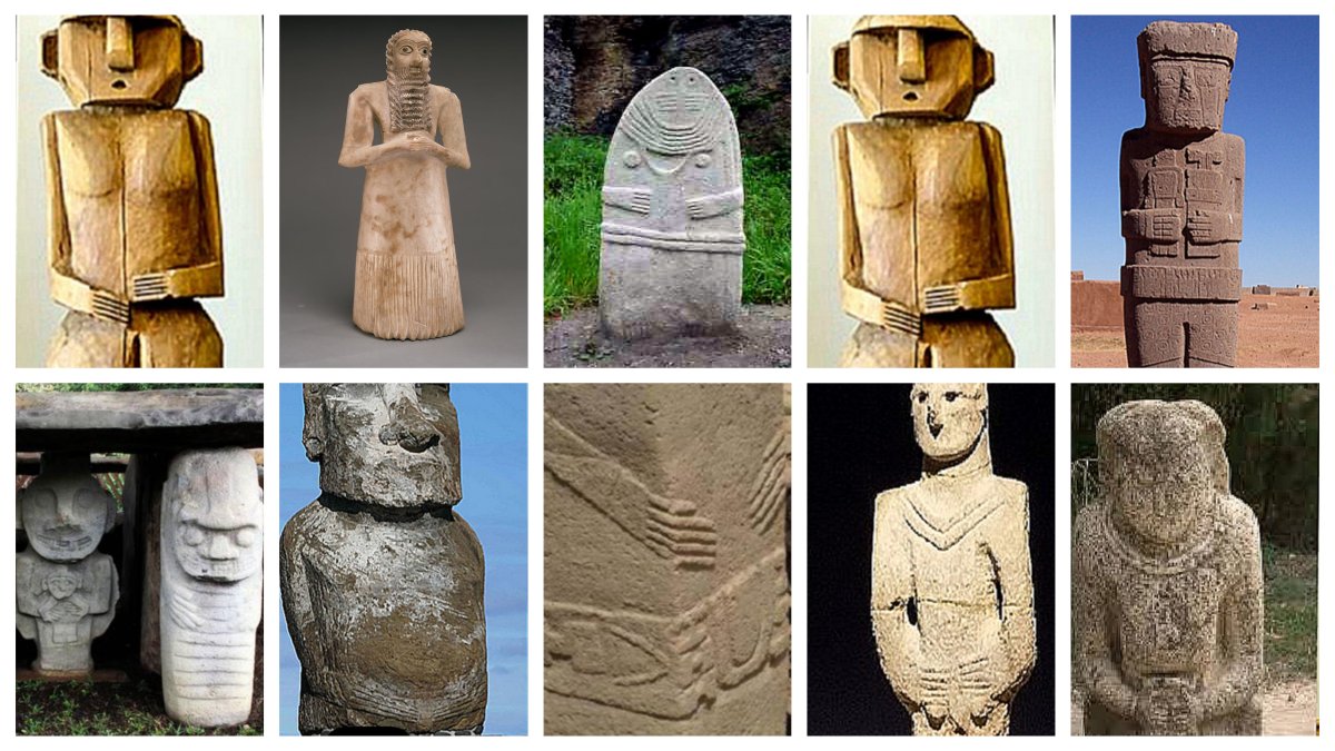Sword_Goddess's tweet photo. @arkeolojihaber So how do you explain this?
 -Göbekli Tepe
 -Easter Island, Pacific Ocean
 -Sumerian 
-Tiwanaku, Bolivia 
-Scythian, Siberia 
-Mapuche, Chile 
-Azerbaijan 
-Colombia 
-Menhir, France
 -Urfa Man, Turkey https://t.co/Q79bI2z367