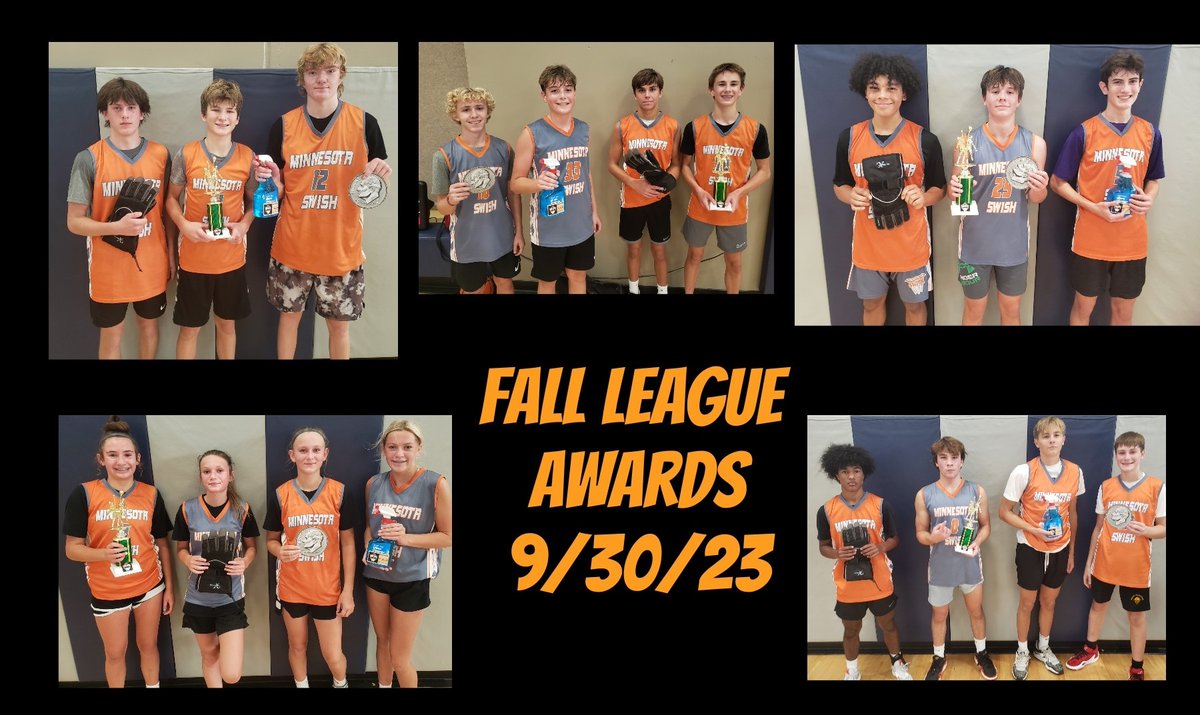 9/30 Fall League Award Winners for each division... MVP (🏆) Top Rebounder (Glass Cleaner) Dime Dropper (Assists) Top Defender (The Glove - look up Gary Payton😊)
