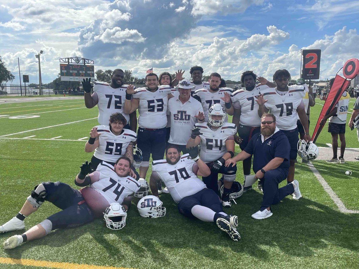 STUPrez's tweet photo. The #OLine @STU_Football pic after the #17 @NAIA @NAIAFBALL Ranked @StThomasUniv Bobcats 41-16 victory over a tough @WebberFB Warriors team in a @SunConference matchup! https://t.co/i1jop6UuM5