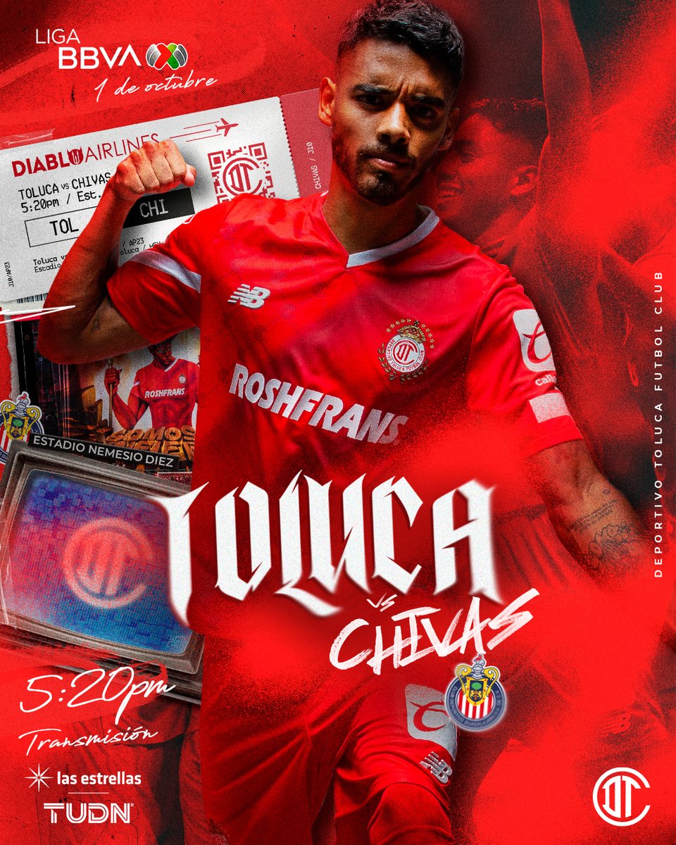 TolucaFC's tweet photo. 👹⚽️| Mañana disputamos la Jornada 10 del Apertura 2023.

🆚 Chivas
🗓 Domingo 1 de Octubre.
🏟 Estadio Nemesio Diez
⏱ 17:20hrs
📺 Las Estrellas - TUDN

#NuestroViaje | #TuMismaSangre https://t.co/Tzq7hcDfPc