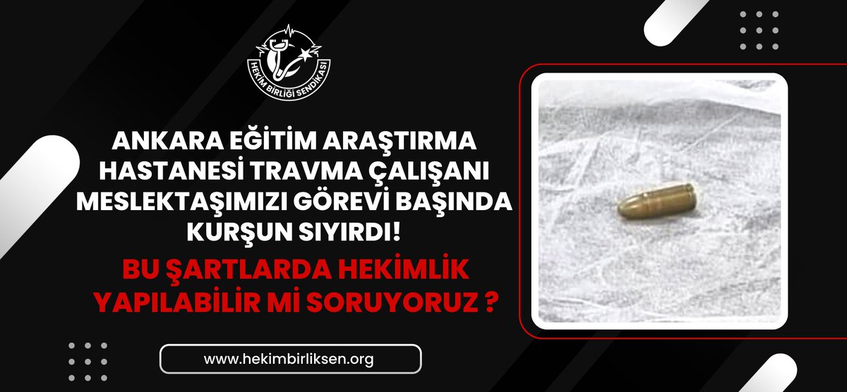 hekim_birligi's tweet photo. Ankara Eğitim Araştırma Hastanesi travma çalışanı meslektaşımızı görevi başında kurşun sıyırdı . 
Bu şartlarda hekimlik yapılabilir mi soruyoruz ? @drfahrettinkoca

Bu ülkenin hekimleri olarak, X-ray cihazları başta olmak üzere gerekli uygulamalara başlanarak en az havaalanları kadar güvenlikli ortamlarda görev yapmak istiyoruz.
 
Gerekli tedbirlerin alınmasını, acil olarak talep ediyoruz.

#ŞiddeteKarşıAcilDüzenleme