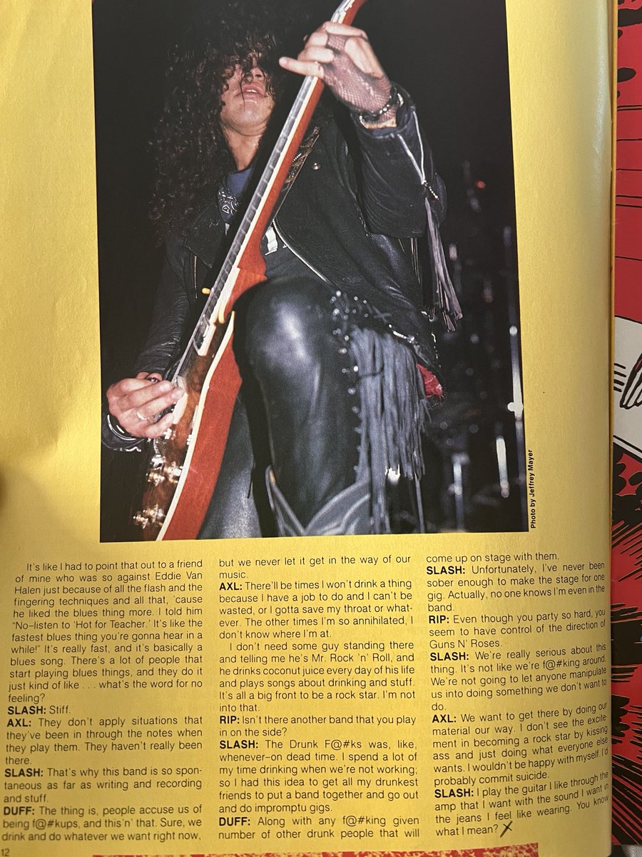 This #GunsnRoses article was published in January of 1988, so the pics must've been taken in '87, before Axl toned down the glam look. #hairmetal #appetitefordestruction