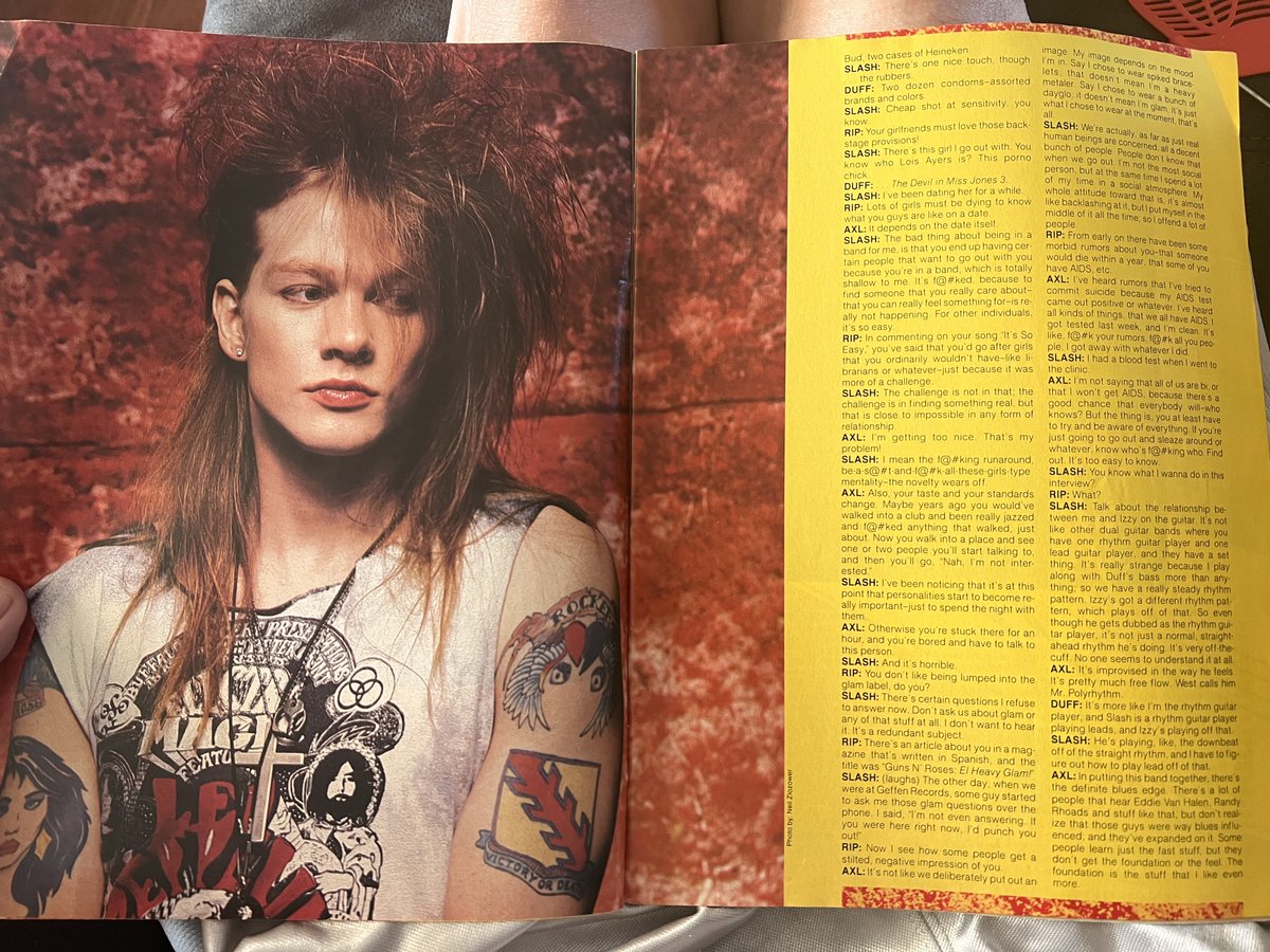 HairMetalGuru's tweet image. This #GunsnRoses article was published in January of 1988, so the pics must&apos;ve been taken in &apos;87, before Axl toned down the glam look. #hairmetal #appetitefordestruction