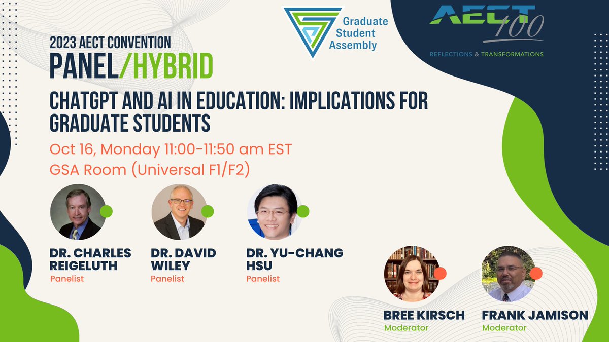 🤖 Join us at the GSA Room (Universal F1/F2) on Oct 16, Monday, 11:00-11:50 am EST for an enlightening panel on ChatGPT and AI in Education: Implications for Graduate Students. Dive deep into the role of #ChatGPT in #InstructionalDesign with amazing panelists.  #AECT2023