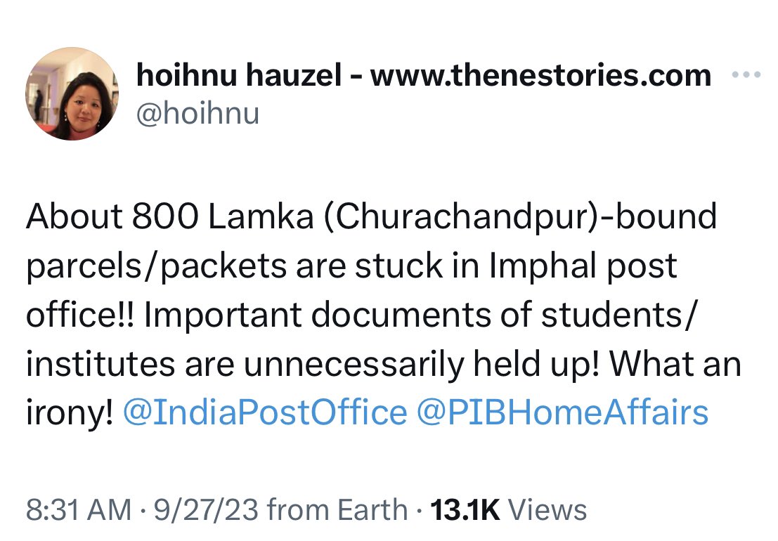 LogIQ_al's tweet photo. Manipur police could not enter Churachandpur to investigate for murders of kids since last 4 months so what makes you think a postal worker (most likely Meitei) will be able to come casually driving and deliver? 
Also like everyone has said. Don’t use  your Militant imposed unofficial name Lamka- if you ever want Indian Post Office to deliver. 
Return to sender!