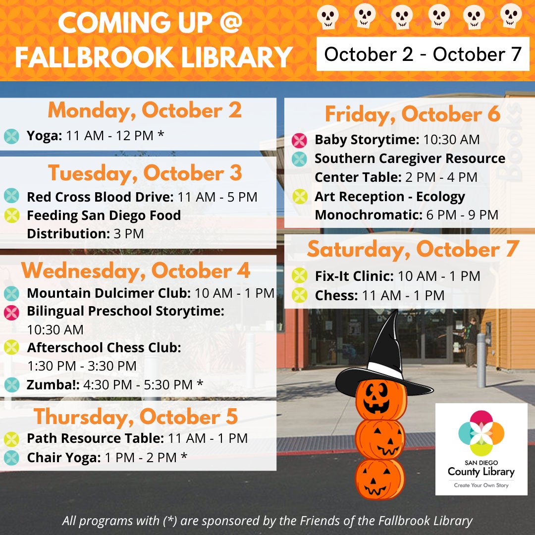 FallbrookSDCL's tweet image. Check out this week&apos;s events at the library!
#fallbrooklibrary #fallbrook #fallbrookca #sdcl