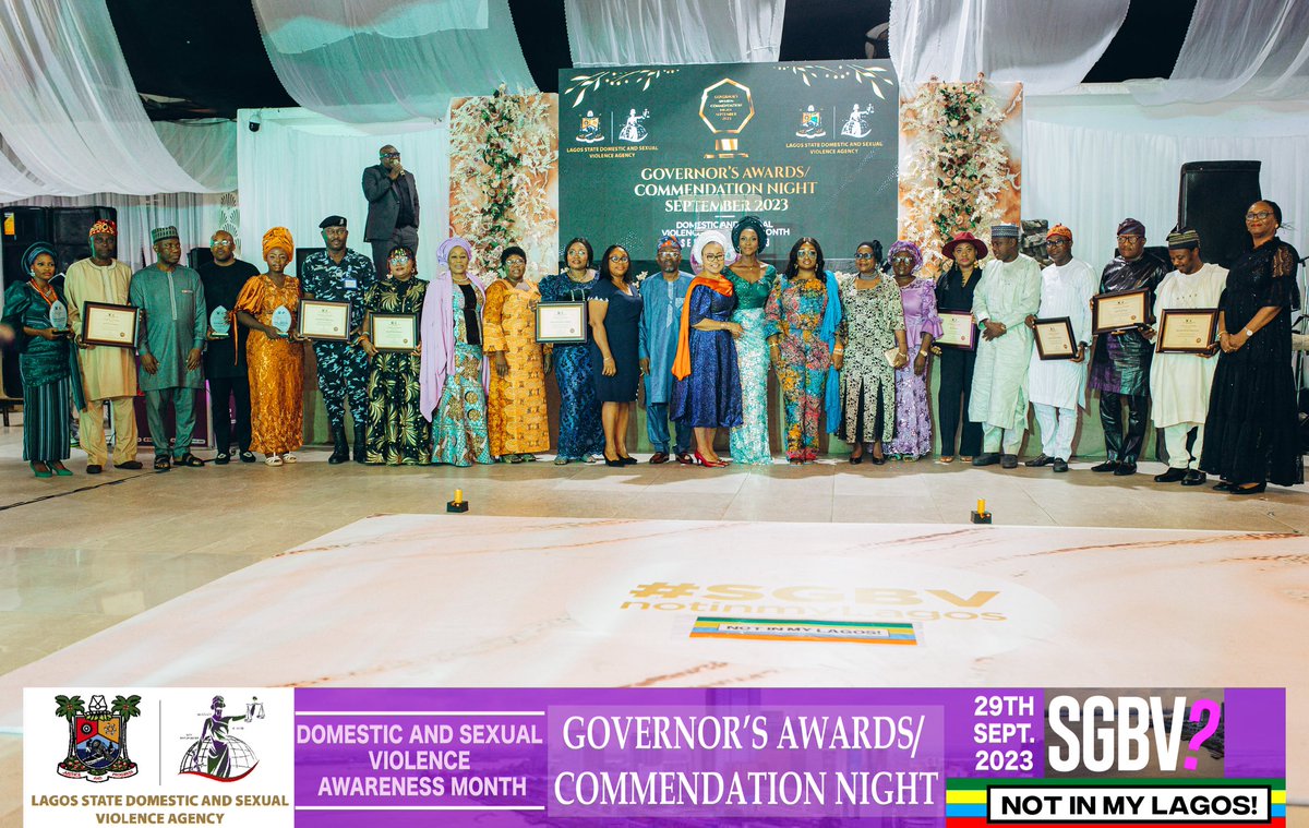 Lagosdsva's tweet photo. The Governor’s Commendation/Award Night, September 2023 🏆

.@followlasg has recognized individuals &amp; organisations that are committed to the fight against SGBV at the #LagosDSVA's Annual Commendation &amp; Awards Night.

#SGBVNotInMyLagos #DSVAMonth #LASG #AGreaterLagosRising https://t.co/vTo4xMpiS9