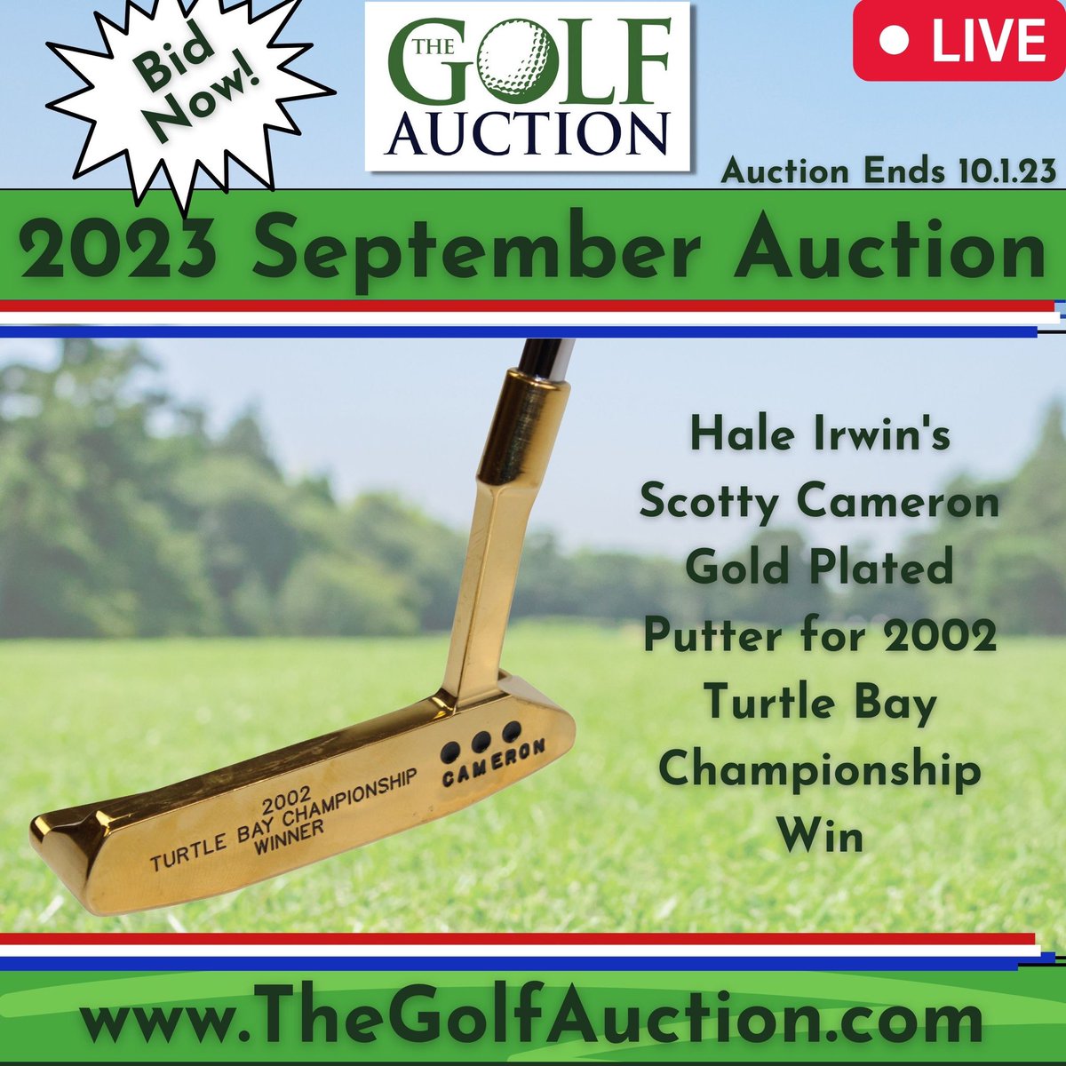 Another featured item in our 2023 September Auction is Hale Irwin's Scotty Cameron Gold Plated Putter for 2002 Turtle Bay Championship Win. This comes directly from Hale and has a signed letter of provenance. <a href="/ScottyCameron/">Scotty Cameron</a> <a href="/rydercup/">Ryder Cup</a> #Golf <a href="/SpCollectibles/">SportsCollectibles.com</a> 
thegolfauction.com/mobile/LotDeta…
