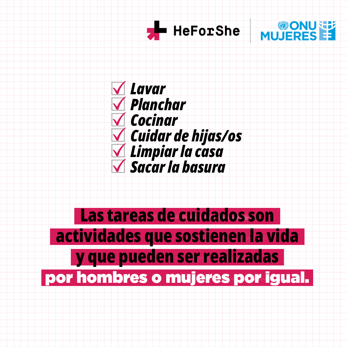 ✔️📋 Las tareas de cuidados son actividades que sostienen la vida y que pueden ser realizadas por hombres o mujeres por igual.​

​#HablemosDeCuidados