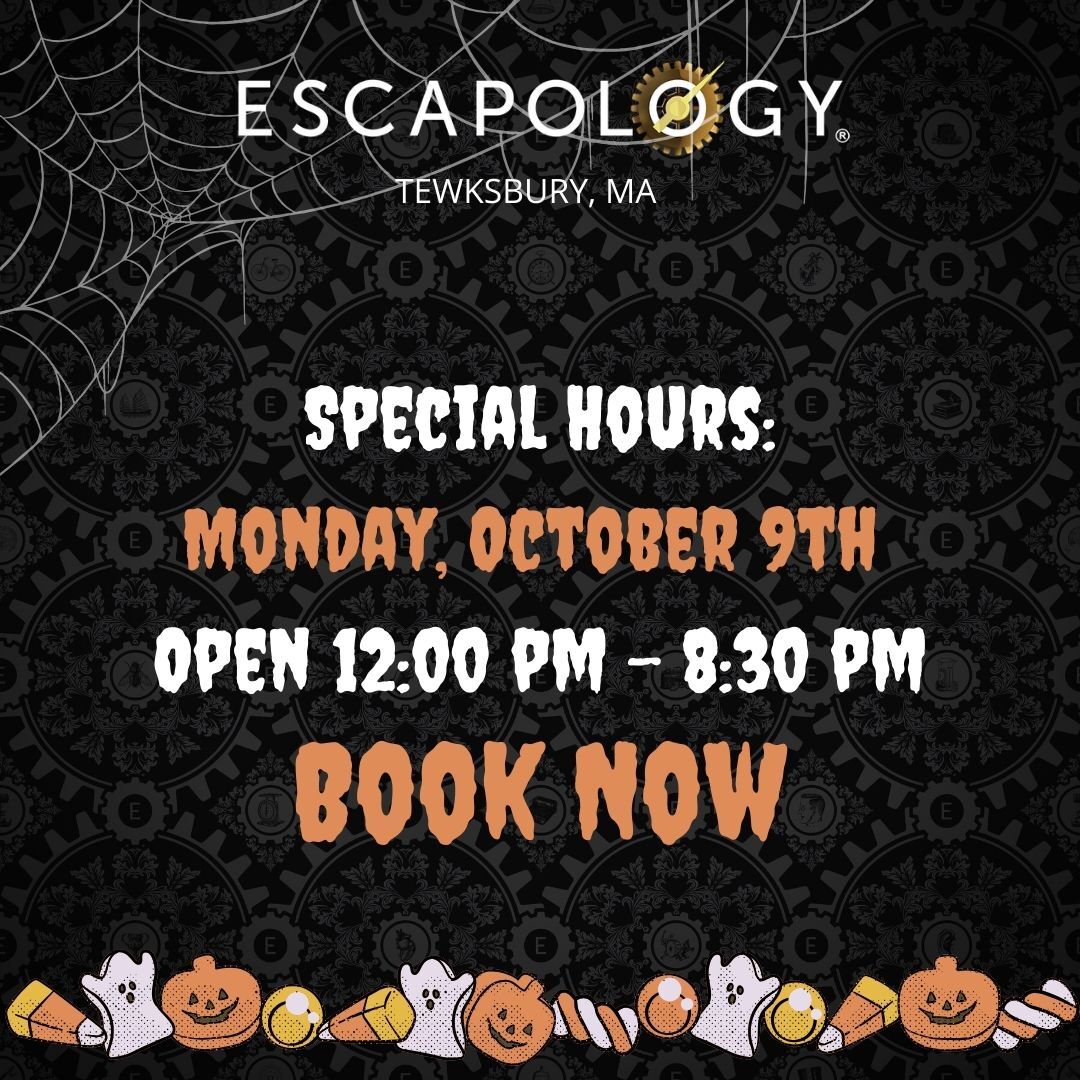 It's time to get spooky! 👻🎃
We've got special hours on Monday, October 9th to celebrate Indigenous People's Day.

All bookings a private. Book your game now at: escapology.com/en/tewksbury-ma

#escapologytbury #escaperoom #escapology #halloween #columbusday #indigenouspeoplesday