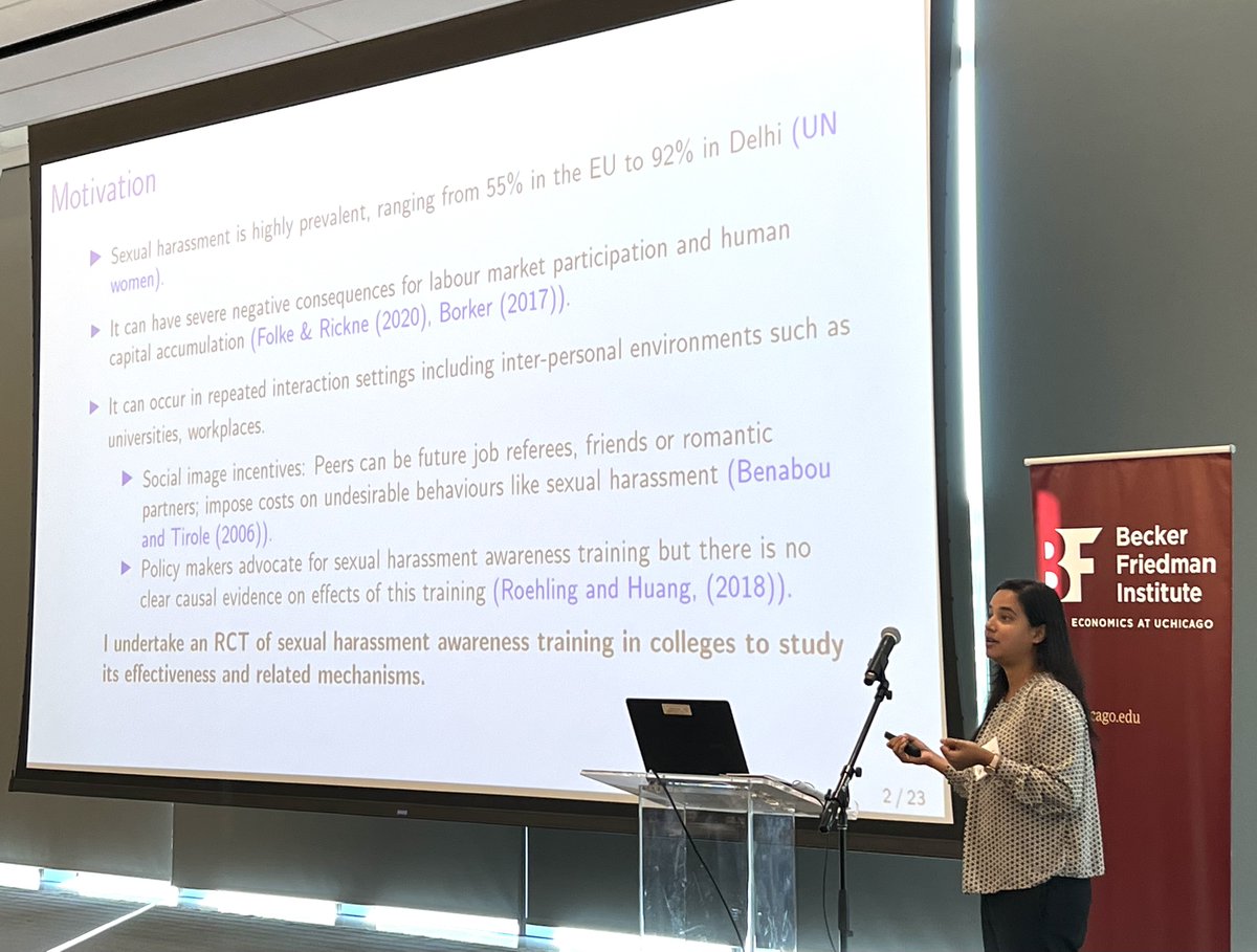 <a href="/karsha/">Karmini S</a> (<a href="/StanfordKingCtr/">Stanford King Center on Global Development</a>) discussing how men’s perception of their peers might be the key to help reduce sexual harassment using an RCT with university students. <a href="/KateVyborny/">Kate Vyborny</a> (<a href="/WorldBankSAsia/">World Bank South Asia</a>) on discussion.