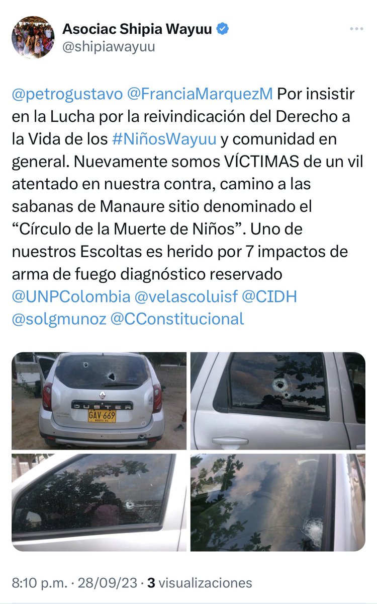 shipiawayuu's tweet photo. Señor presidente @petrogustavo este es el alto costo por defender el derecho a la vida????
Es el costo por pedir que se cumplan las Ordenes Judiciales - Sentencias de la @CConstitucional @CIDH ????
@velascoluisf 
@CATALINAVELASCO 
@jmojicaflorez 
@MinjusticiaCo 
@MinDeporteCol 
@interiorgob
@DANE_Colombia 
@ViceColombia 
@ACRegiones 
@ProsperidadCol 
@FiscaliaCol 
@PGN_COL 
@DefensoriaCol