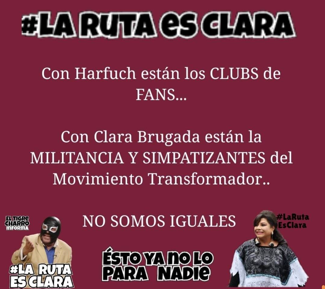 RedSheinbaum's tweet photo. #LaRutaEsClara
#EstoYaNoLoParaNadie
#EsTiempoDeMujeres
En Definitiva con #Harfush estan los CLUBS DE FANS...
Con @ClaraBrugadaM están la MILITANCIA y SIMPATIZANTES del Movimiento Transformador.
#ElTigreCharroInforma https://t.co/0nrInP2cGO