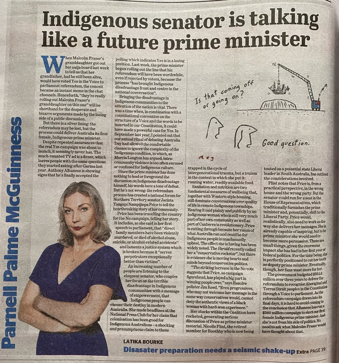 Lee_AnneWalker's tweet photo. Sickening piece by Parnell Palme McGuinness #SunHerald trumpeting a silver lining for the lost referendum delivering our first indigenous PM, Jacinta Price.
As if this isn’t enough, she fawns over new Liberal Leader Nicole Flint!
#VoteYes #VoiceToParliament 💛🖤❤️
#insiders https://t.co/S3u6EQoXL8