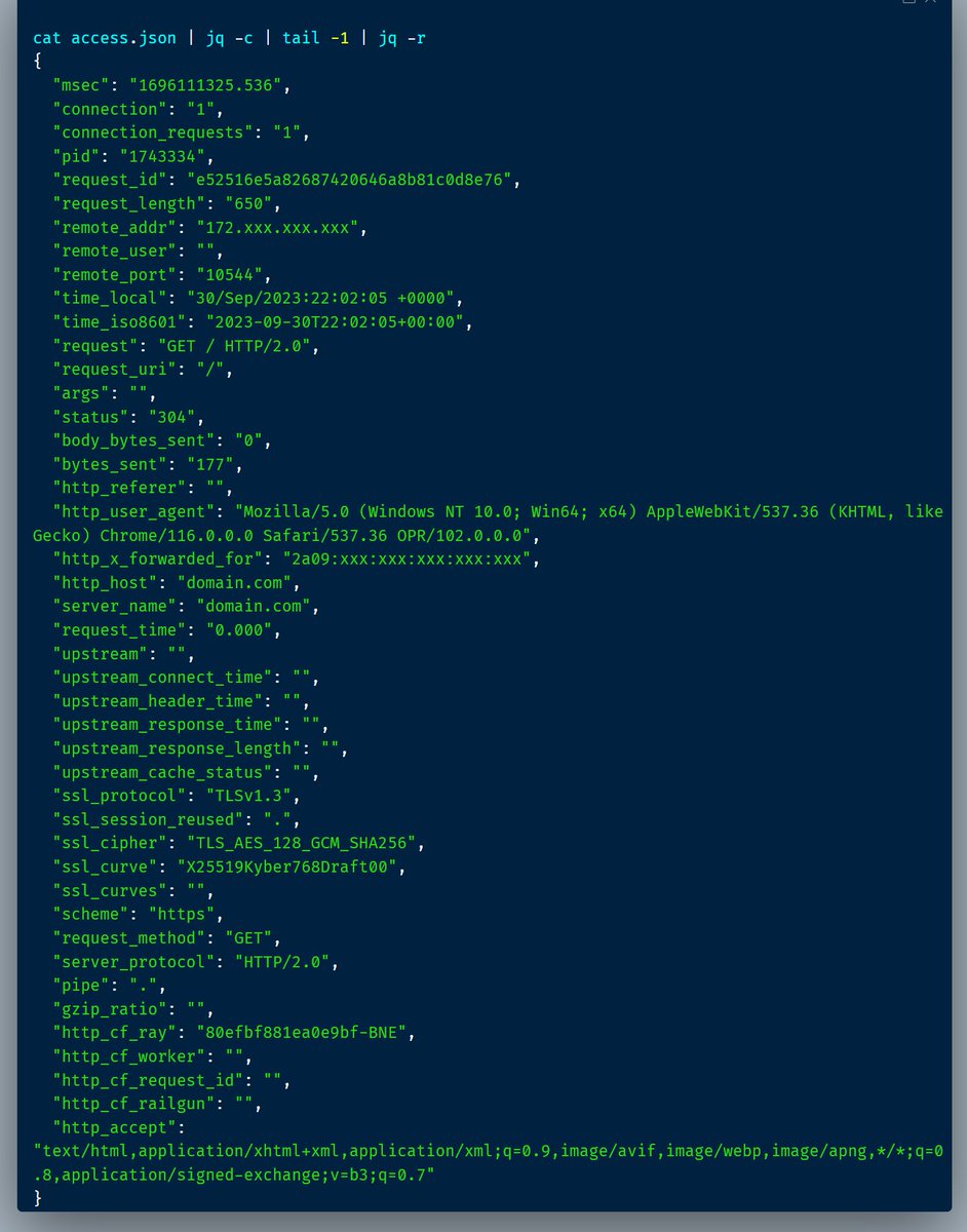 centminmod's tweet photo. Looks like @Cloudflare is now connecting to my Centmin Mod Nginx + BoringSSL origin via Post-Quantum key exchange via X25519Kyber768Draft00 on test AlmaLinux 9.2 server. Nginx access log JSON format 😎🤓😍 #cloudflare #security #sysadmin #linux #nginx #almalinux #centminmod https://t.co/ZIKJhnTl98