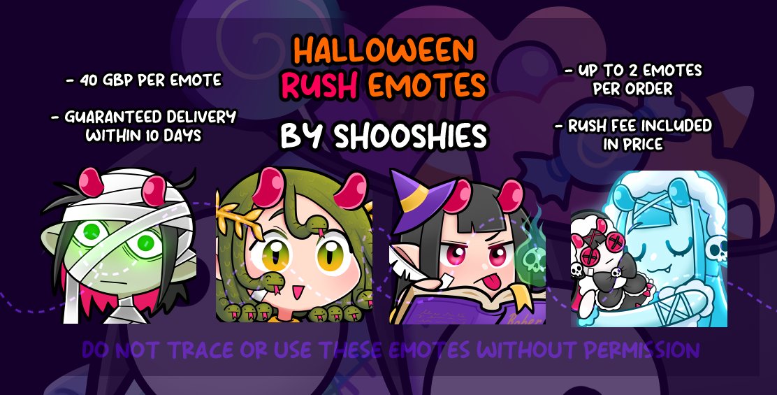 Shooshies1's tweet photo. I'm taking Halloween RUSH Emote orders! 🎃🍬
Do you need some spooky emotes for October? I'm taking a handful of requests for rush orders! ☺️
👇👇👇
https://t.co/KR0XzMbwBb https://t.co/i9wDuFOYo7