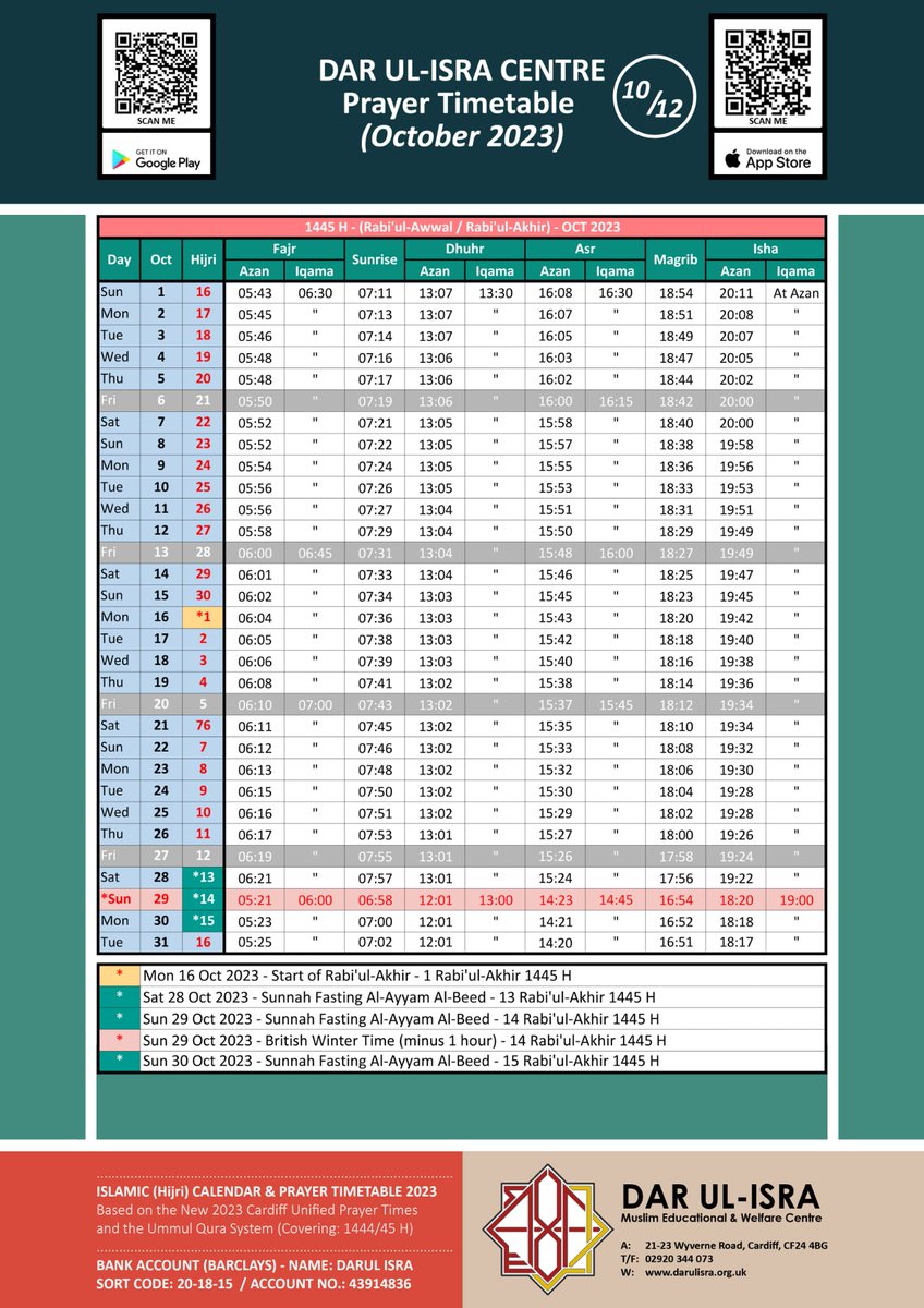 October Prayer Timetable