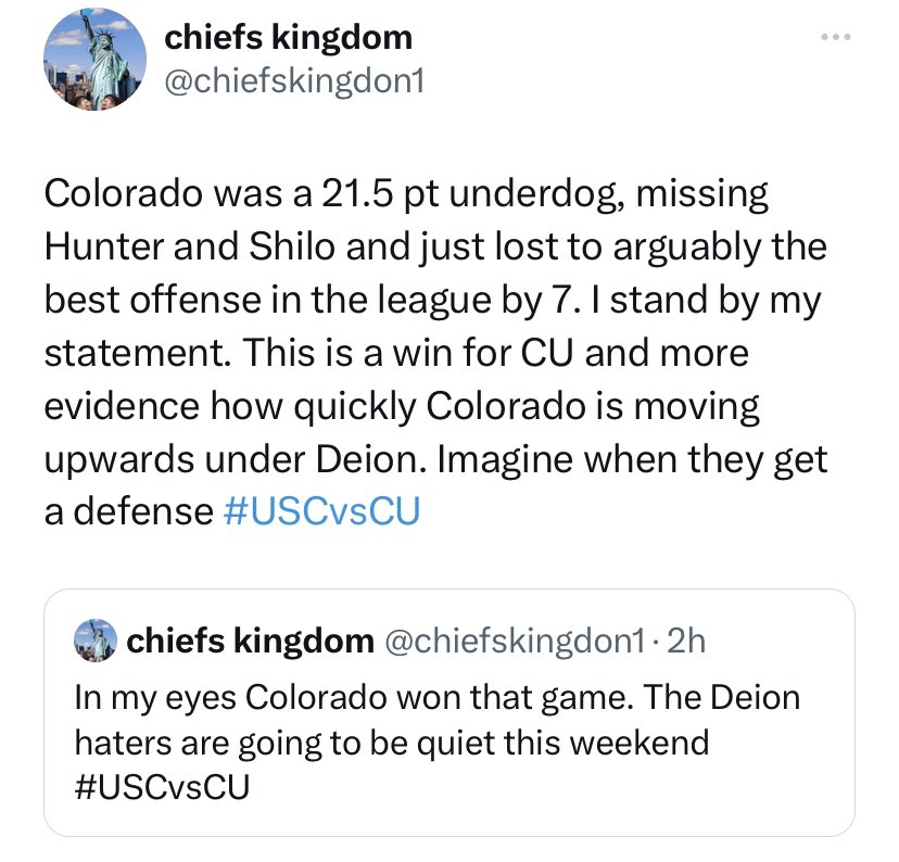 chiefskingdon1's tweet photo. @KenHeLive I gave my reasoning. I love cfb, watch it every Saturday and I am a Deion fan. That was definitely a moral win for Colorado with lots of injuries and backups in and uncovering a star WR true freshman in Omarion Miller. @KenHeLive I don’t think anything I said was false 🤷♂️#USCvsCU https://t.co/iYwI2KdRyb