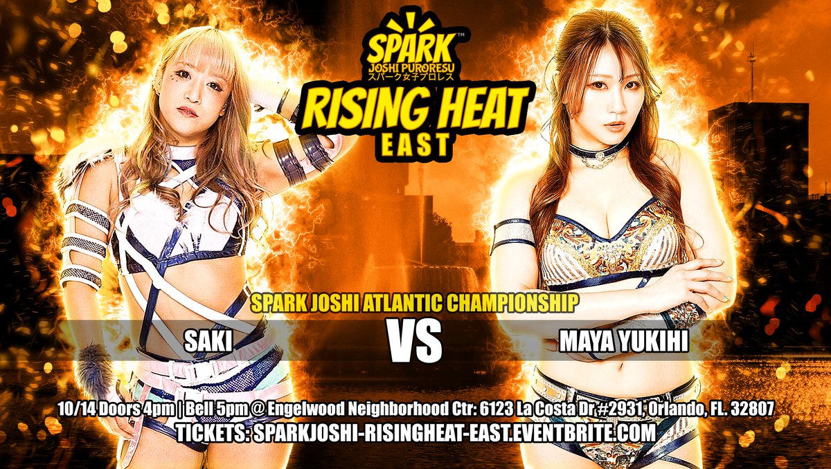 SparkJoshiPuro's tweet photo. Announced: SAKI (@sakipopo29) vs Maya Yukihi (@yukihi_maya) for the 1st Spark Joshi Atlantic Championship at Rising Heat East in Orlando!
(10/14 - Doors 4p, bell 5p)

Tickets:
https://t.co/lushJZW2Xe

#GPU_COLORS #RebelxEnemy #SparkJoshi #女子プロレス #wrestling #WomensWrestling https://t.co/qmIeuEPjKT