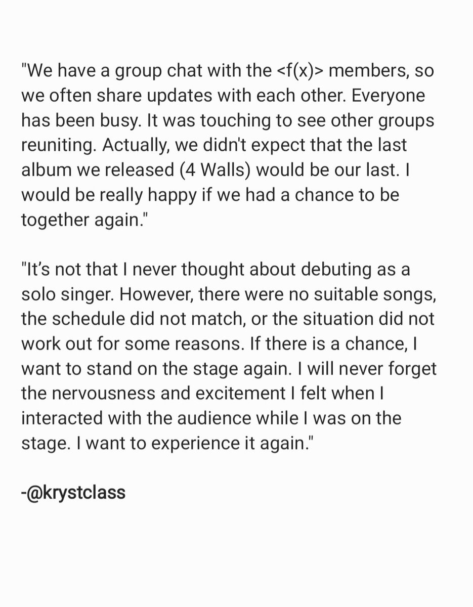 krystclass's tweet photo. [Eng] Krystal on reuniting with f(x) and solo debut.

💜

https://t.co/iflvTds0HS https://t.co/BDNgATM4p8