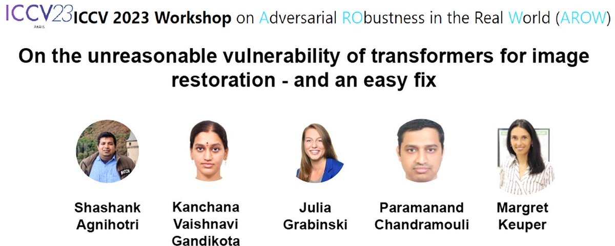 shashankska's tweet photo. Very excited about the @ICCVConference
Looking forward to meeting everyone on Monday, 02 October at the #AROW workshop on Day 1 of ICCV2023, Paris.
At #AROW I will be presenting a poster on our recent work done with Kanchana, @JuliaGrabinski, @ParamChandram, and @margret_keuper https://t.co/SHggD4fBPd