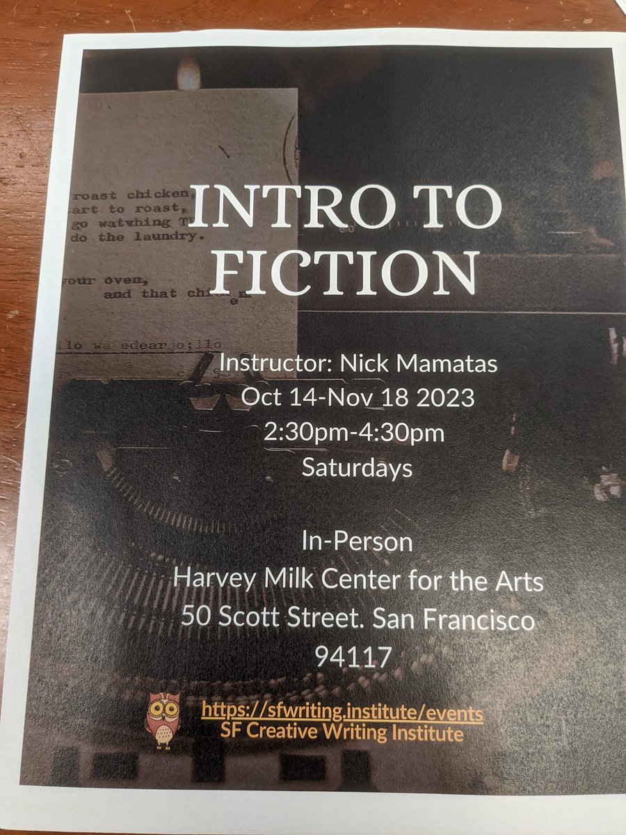Back in person after three years, this month at <a href="/TheSFCreative/">SF Creative Writing</a> 

sfwriting.institute/events/intro-t…