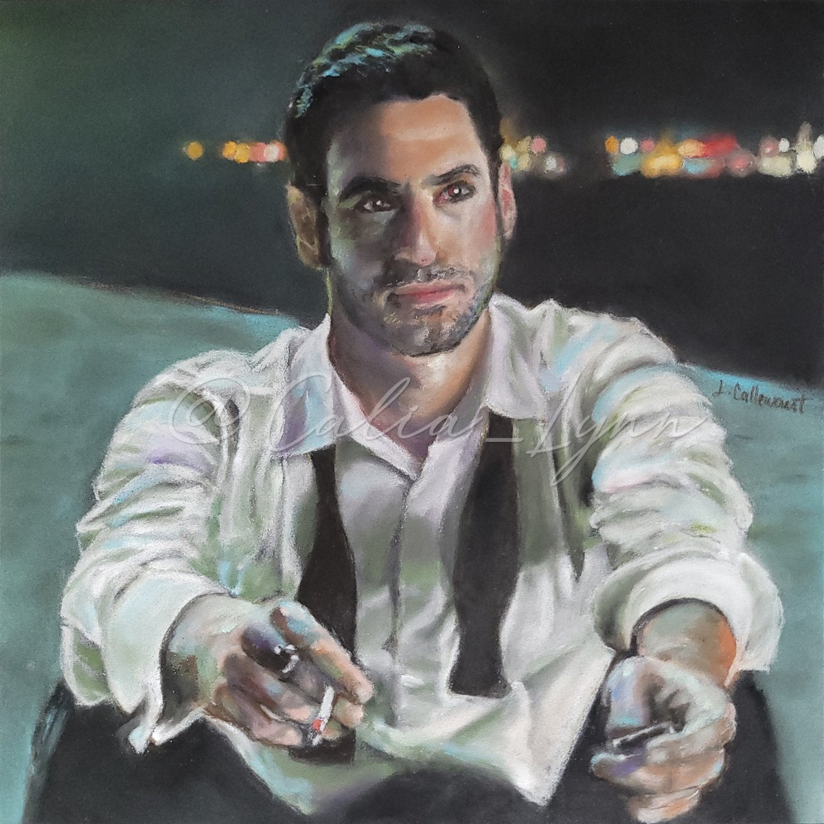 Cutting it close for this one, it's the last hours of September...   For the ADC #Tuxedo prompt.  S1E7,  #Lucifer sitting on the beach. 9'x9' #ChalkPastels  #TomEllis #LuciferMorningstar #Luciferfanart #Lucifanart #Luciferfanartprompts @ArtDemonsCo #Lucifanartprompts #Lucifans