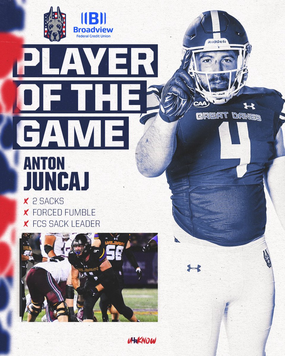 UAlbanyFootball's tweet photo. King of the Sacks👑showed OUT today!

@anton_juncaj4 leads the defensive powerhouse and takes today's @Broadviewfcu Player of the Game🏆

#UAUKNOW #WinTheDay 🟥⬜🟦 https://t.co/8x4ILpGZ8U