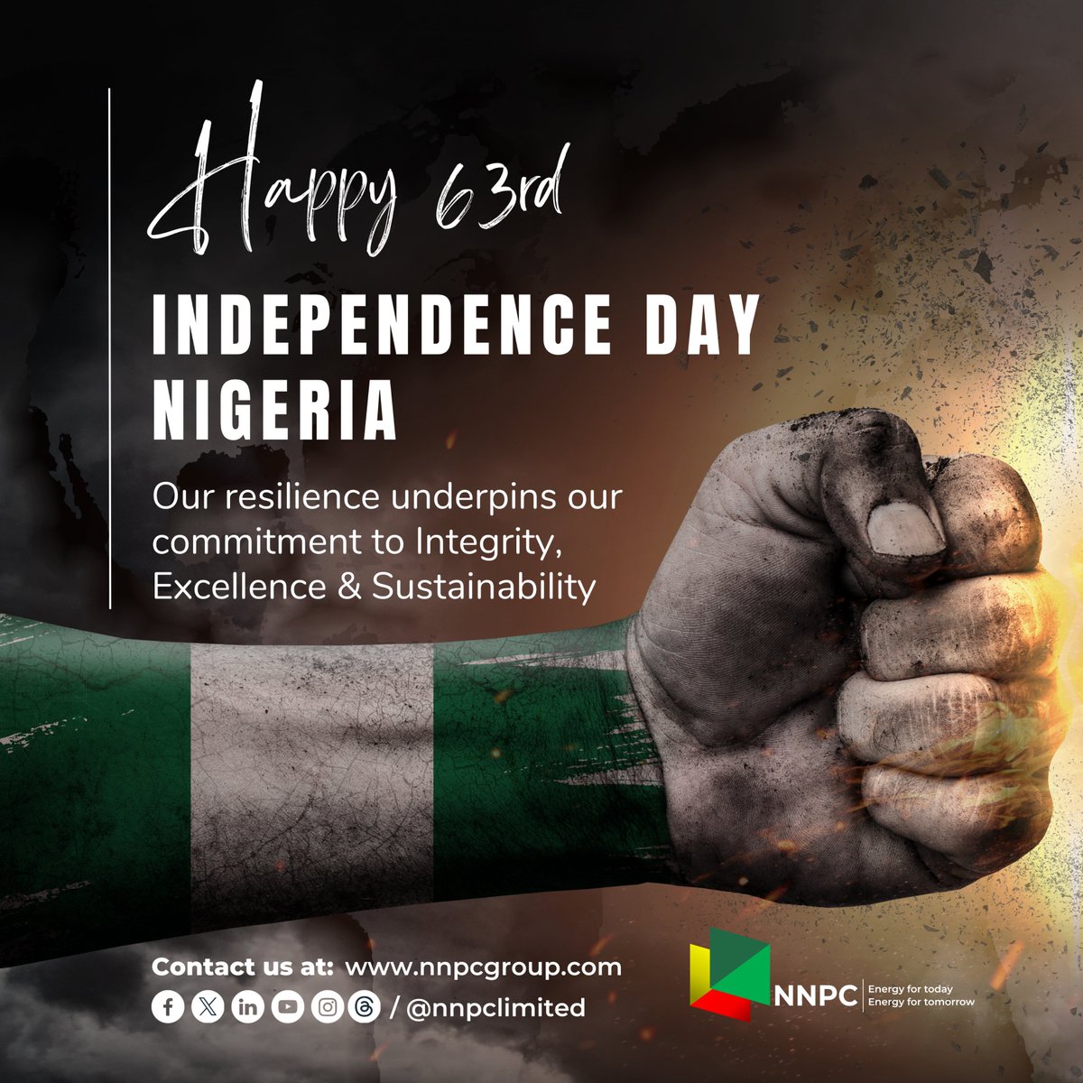 From all of us at NNPC Limited, Happy 63rd Independence Day Celebration, Nigeria! 🇳🇬 We are unwavering in our commitment to integrity, operational excellence, and sustainable growth as we deliver value to our shareholders. #HappyIndependenceNigeria #EnergyForToday…