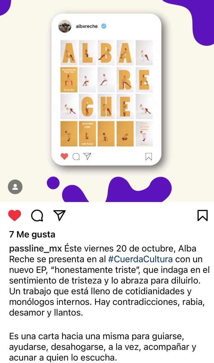 Post en IG de @PasslineMexico hablando del próximo concierto de Alba, estamos a nada de que llegue el 20 de Octubre