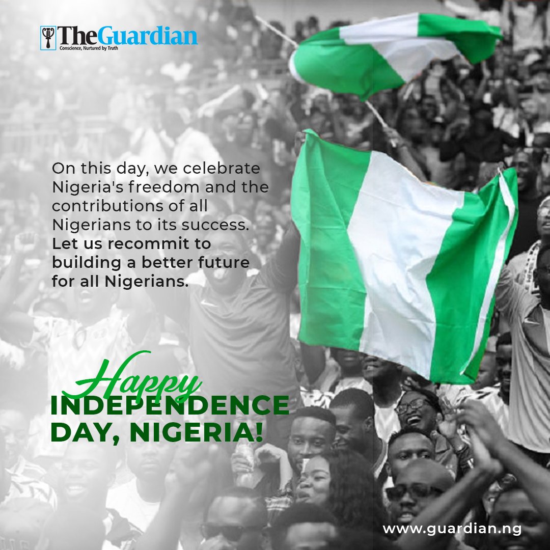 GuardianNigeria's tweet image. 🇳🇬 Happy Independence Day, Nigeria! 🎉

Today, let's celebrate the resilience, unity, and vibrant spirit that define our great nation. 🌟

Together, we'll continue to build a brighter, more prosperous future for all. 🇳🇬💚

#NigeriaAt63 #IndependenceDay #Nigeria