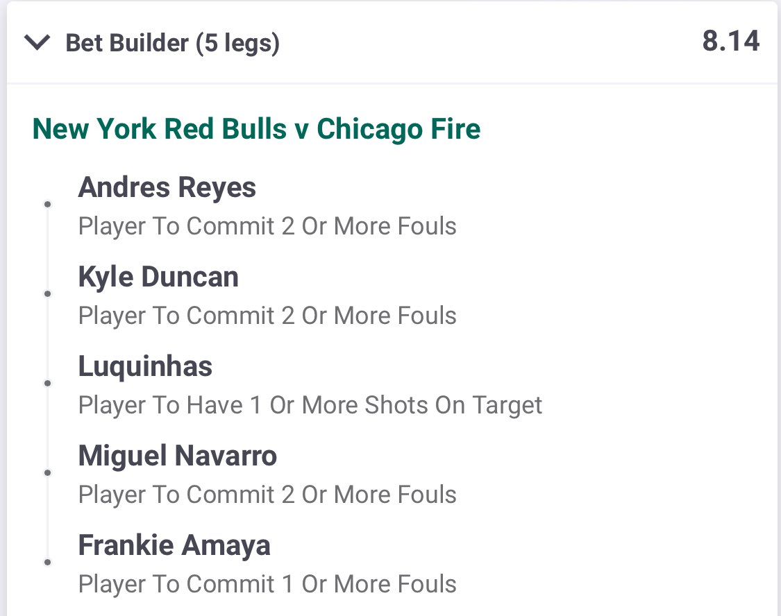 NEW YORK RED BULLS VS CHICAGO FIRE BET BUILDERS⚽️🟨🟥

Good luck and Gamble Responsibly!🔞🔞

#RBNYvCHI
#MLSSeasonPass 
#RBNY
#CF97
#gamblingtwitter 
@FreeBetRetweets