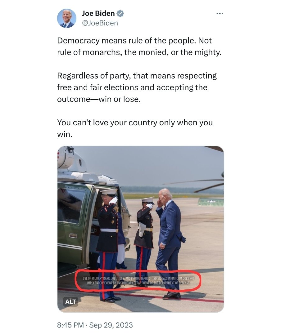 POTUS46Biden's tweet photo. @JoeBiden Let me be very clear:

Use of military rank, job titles, and photographs of individuals in uniform does not imply endorsement by any military department or the Department of Defense.

https://t.co/Cco5y1fH4v. https://t.co/4w7joKW5QR