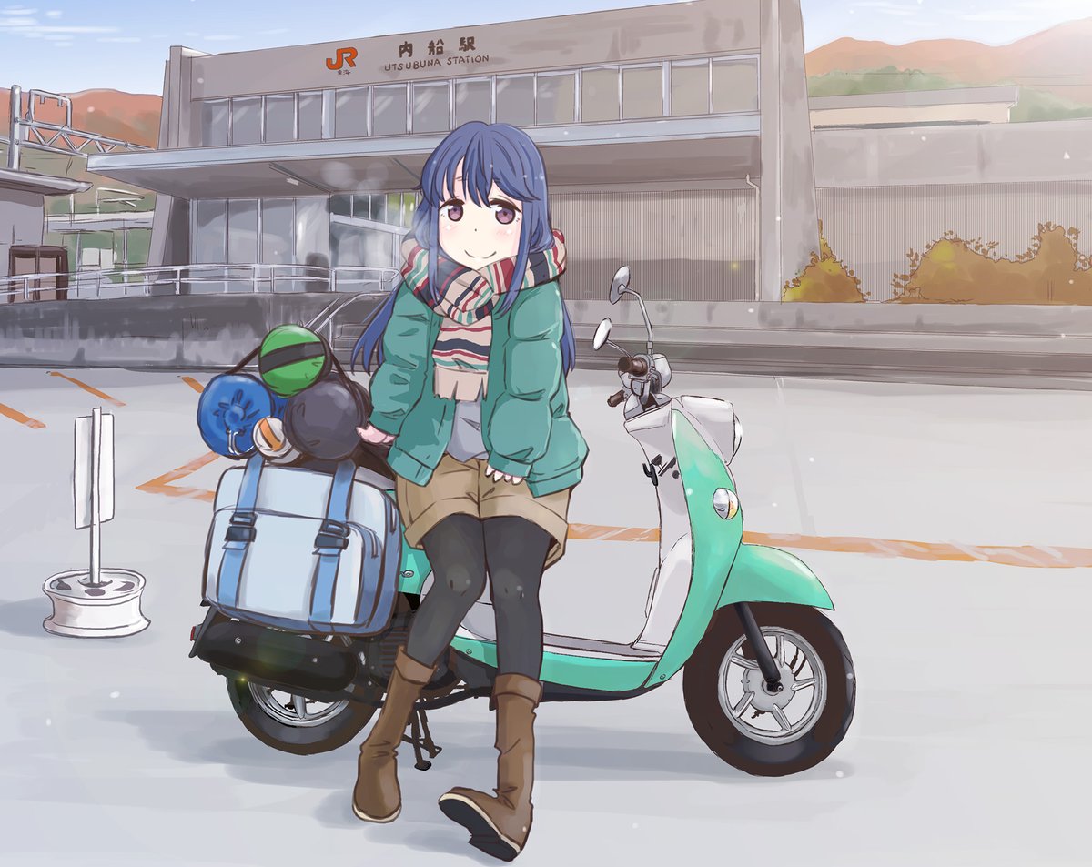 shima rin 1girl ground vehicle motor vehicle solo blue hair boots scarf  illustration images