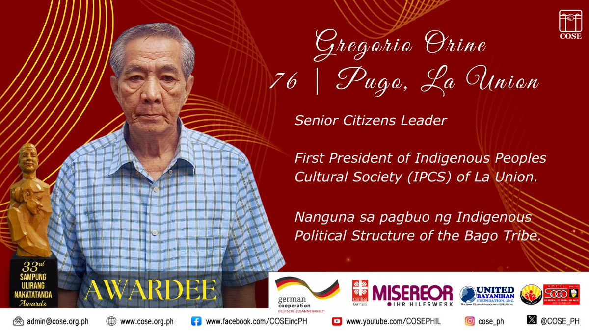 Kilalanin natin si G. Gregorio Orine, isa sa 2023 Sampung Ulirang Nakatatanda Awardees.

Pasasalamat, pagpupugay at pagkilala kay Tatay Greg at sa lahat ng 2023 SUN Awardees!

#SampungUlirangNakatatandaAwards2023
#COSEisProOlderPersons