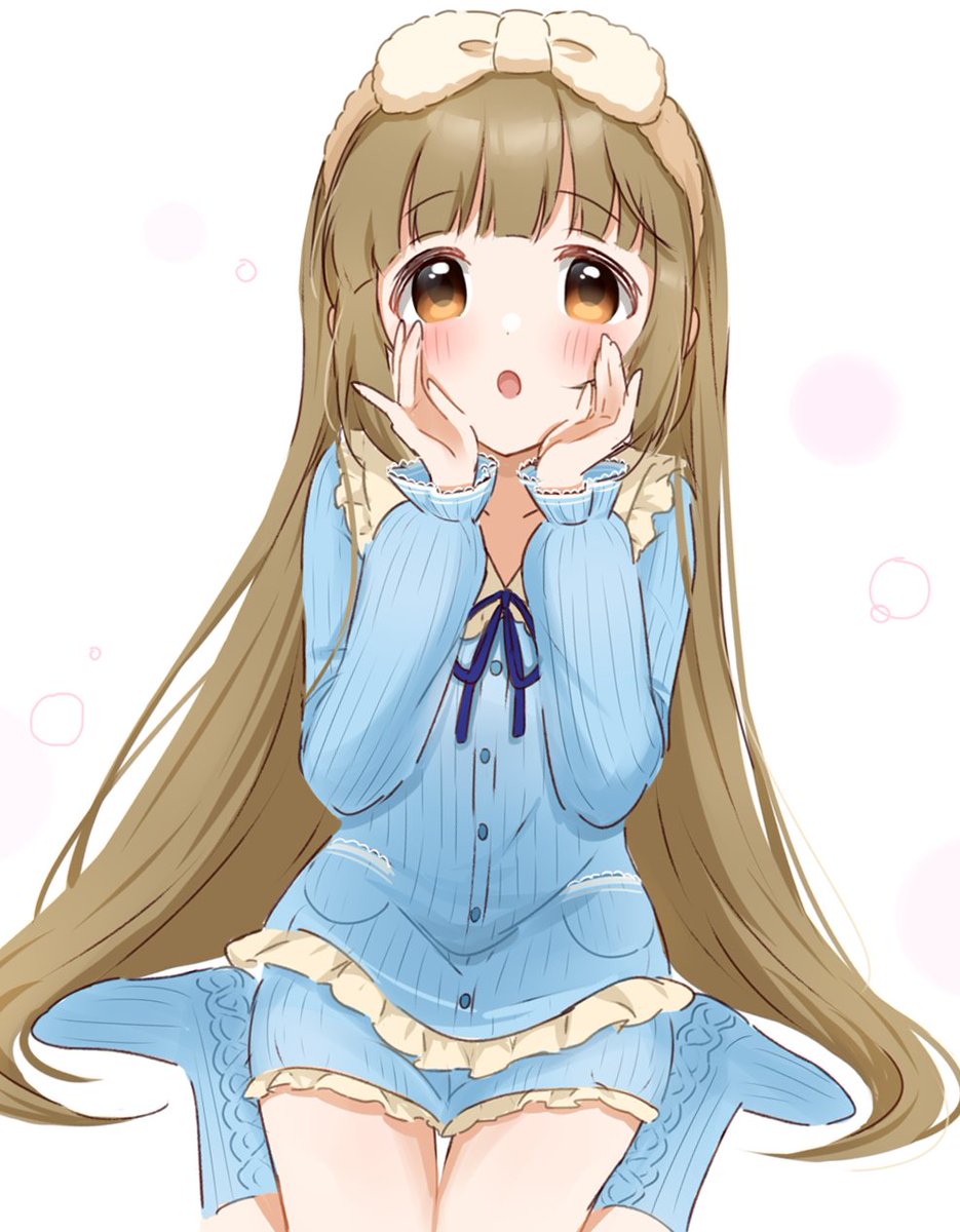 1girl solo long hair sitting blush hands on own face wariza  illustration images