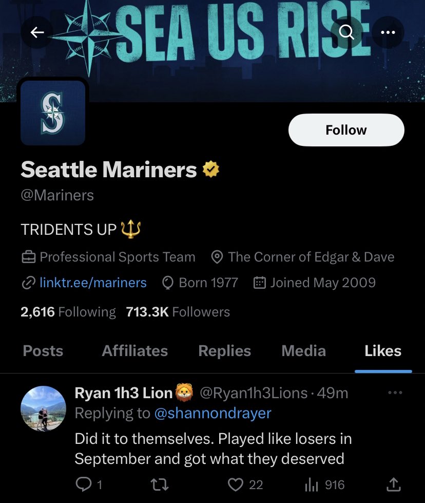 Mariners admin forgot to switch accounts after being eliminated <a href="/StoolBaseball/">Barstool Baseball</a>