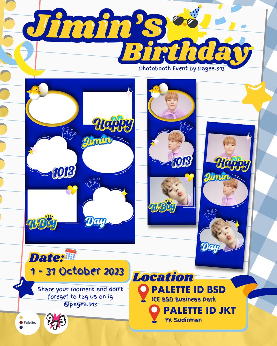 pages913's tweet photo. [ reshare &amp; likes are very appreciated💓 ] 

•᷄ɞ•᷅)⁠—⁠☆ it's Jimin Birthday

 ! Jimin Birthday Photoframe Event by @pages.913

📍 Pallete ID BSD, Pallete ID JKT, FanAttic High
🗓️ 1 Okt - 30 Okt 2023

Kindly tag @pages.913, if you use our frame💗__💗

#jiminBirthday #jimin https://t.co/9UvLVg27aG