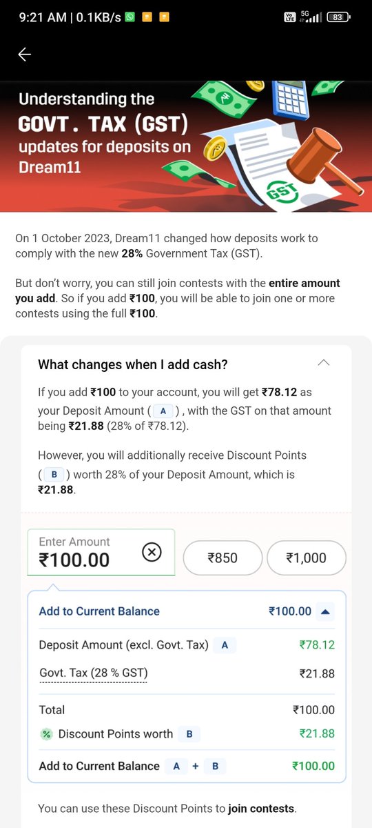snehakumarreddy's tweet photo. While many apps started promoting they pay GST on behalf of users even 1 month before it gets implemented to get users base

Dream11 remained silent didn't say even a thing &amp; giving GST paid by users back in the form of discount points which can be used to join cash contests 👑. https://t.co/vf4P5qIb8H