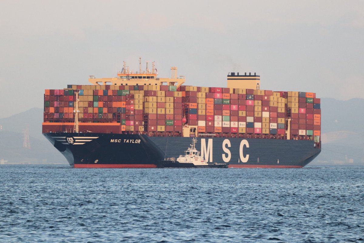 panamaru2's tweet photo. 日没前 #MSC #ANDES_Service #MSC_TAYLOR #IMO9932048 GRT150783 が南本牧埠頭4号バースに接岸しました。 本船は #Eastern_Pacific_Shipping が #HHI で建造 #MSC が長期傭船中の 15,264TEU #LNG燃料コンテナ船 で 2023年07月に竣工 #CMA_CGM の #Argentina_class と同型船のようです。20230930 https://t.co/5HKygIznm7